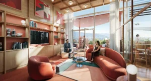 Luxury lounge interior with modern seating, natural light, and guests relaxing in an upscale hospitality space.