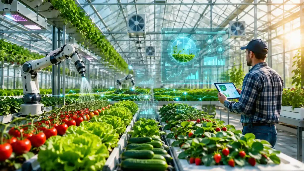 Smart greenhouse farming 2026 with AI, IoT sensors, and automated irrigation growing fresh vegetables.