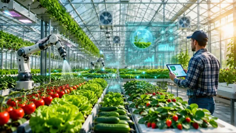 Smart greenhouse farming 2026 with AI, IoT sensors, and automated irrigation growing fresh vegetables.